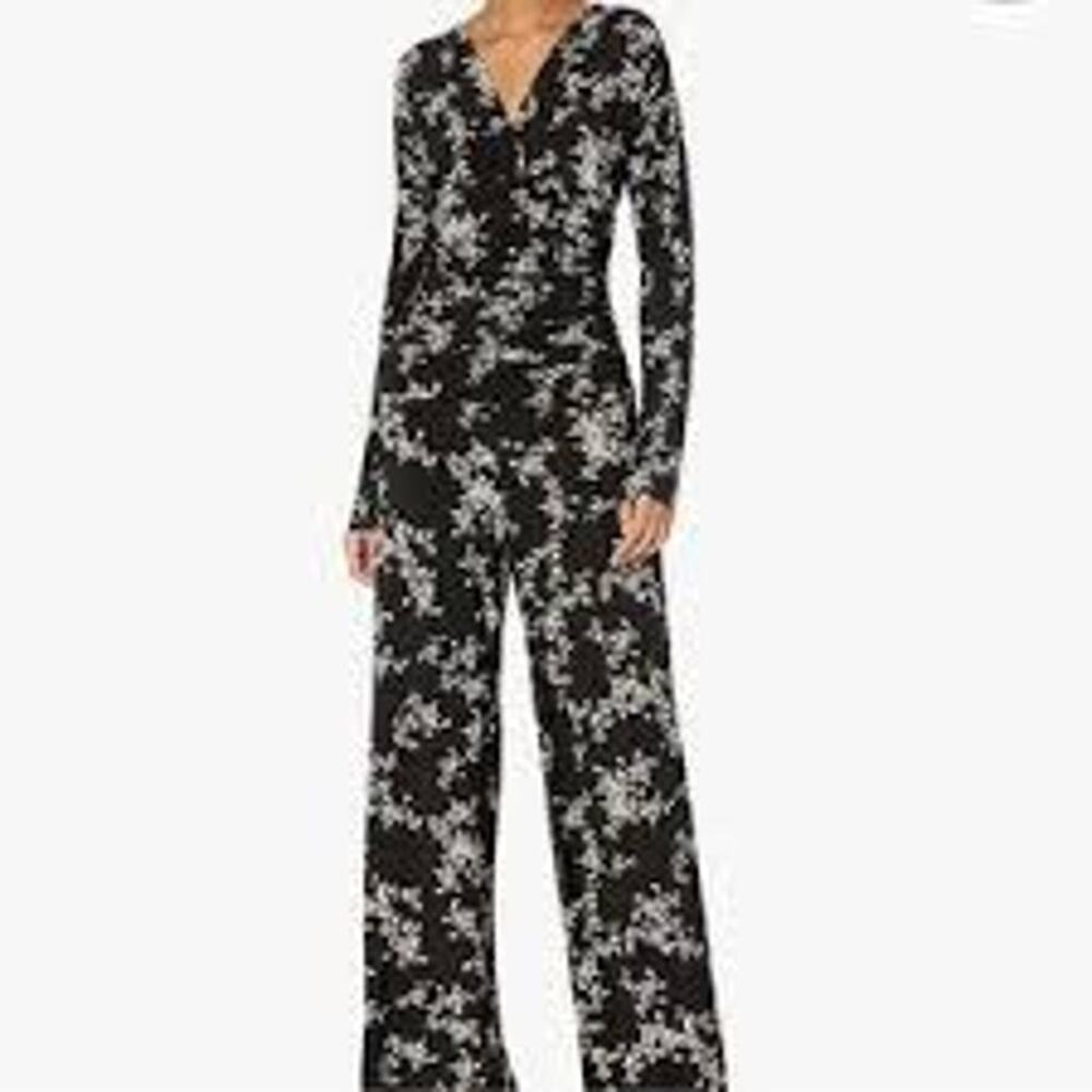 NORMA KAMALI Floral Print Shirred Jumpsuit STRETCHY SLINKY Wide Leg Black Sz XS